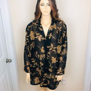 LANE BRYANT 26/28 4X Floral Brown Black Sheer Long Sleeve Button Down Blouse